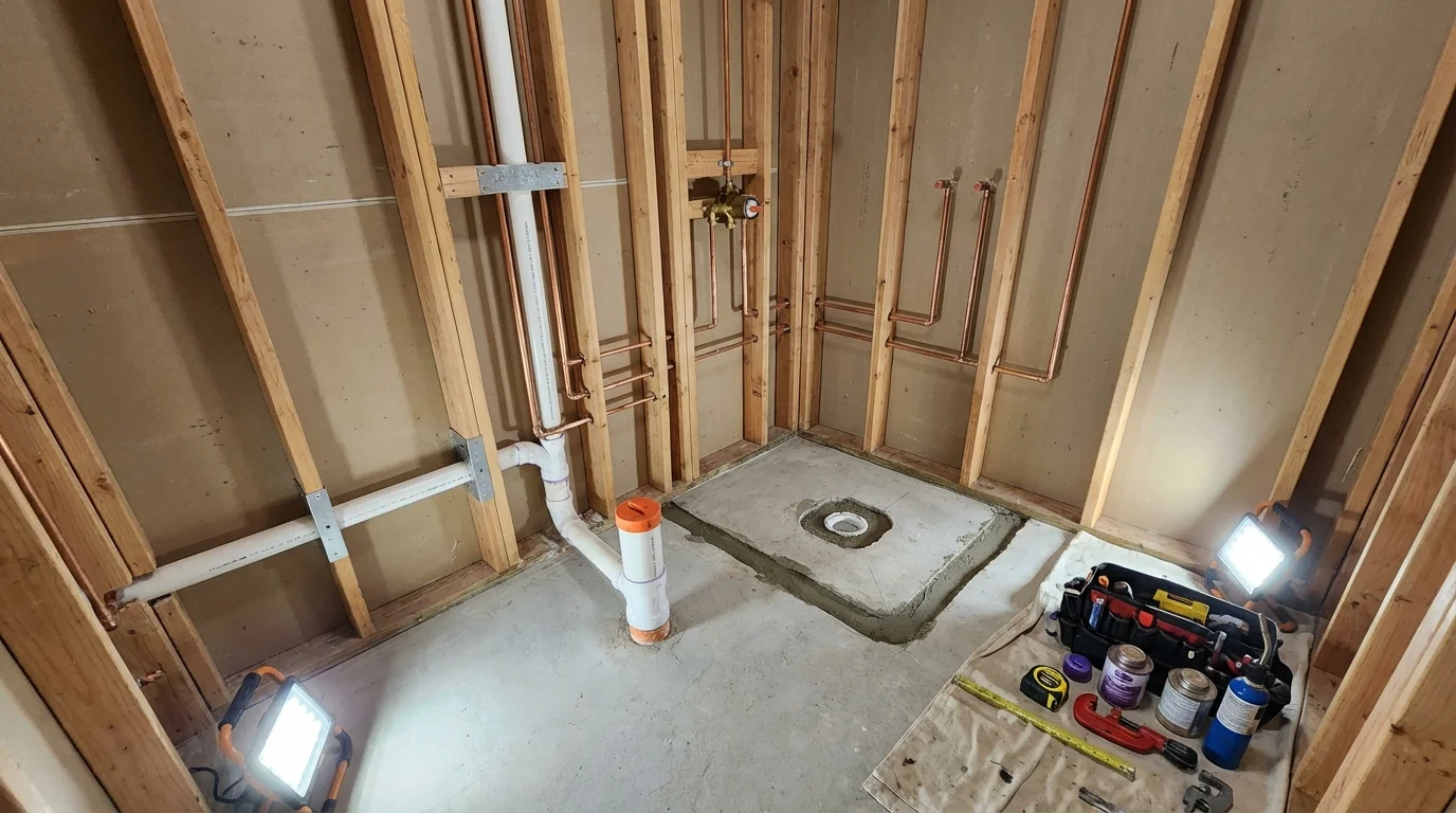 Bathroom rough-in plumbing during remodel by Johns Plumbing LLC in Belen