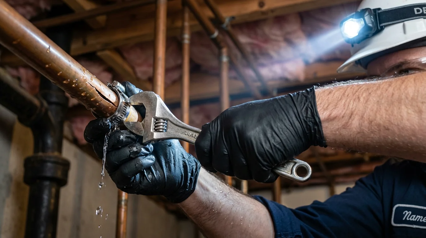 Emergency pipe clamp repair being performed by a Johns Plumbing LLC plumber in Belen