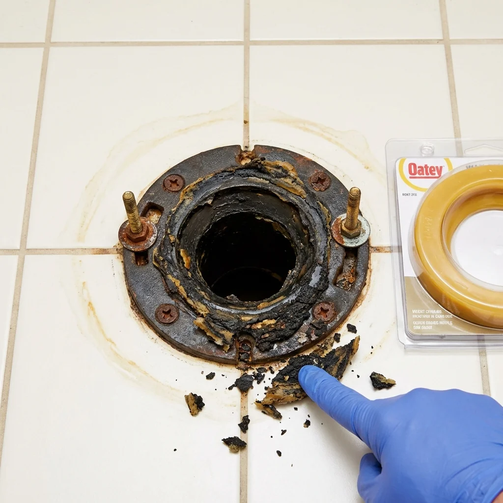 Failed wax ring showing water seepage at the base of a toilet in a Belen, NM home
