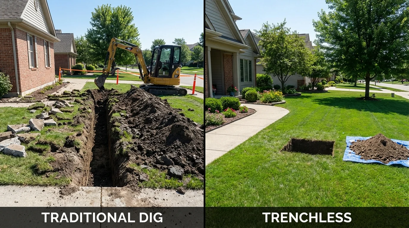 Trenchless sewer repair with minimal yard damage versus traditional excavation in Belen, NM