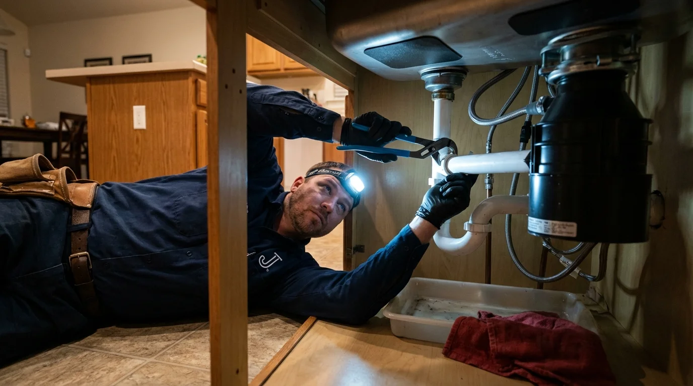 P-trap and supply line connections under a kitchen sink showing a common leak point in Belen, NM
